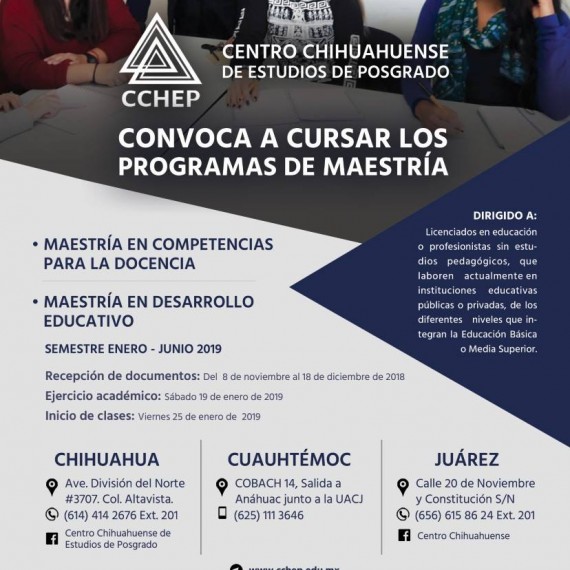 CCHEP invita a cursar sus programas de Maestría en Competencias para la Docencia y Maestría en Desarrollo Educativo para el semestre enero junio 2019.